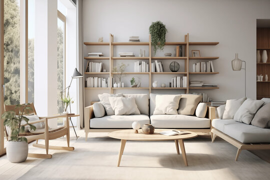 Scandinavian Design space with clean lines, neutral colors, and lots of natural light, perfect for a living room or study