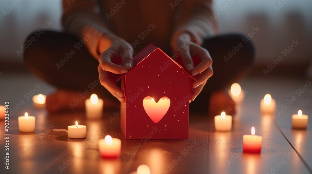 Poster  a person sitting on the floor holding a small red house with a heart cut out of it surrounded by lit candles in the shape of a house with a heart.