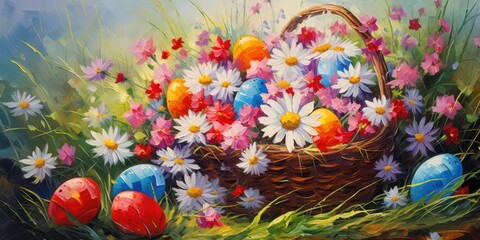 Fototapeta na wymiar Easter eggs in a basket in the grass surrounded by vibrant blossoms, acrylic painting, beautiful background