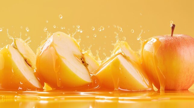  an apple is sliced in half with a splash of water on the top of it and on the bottom of the image is an apple on a yellow background with a yellow background.