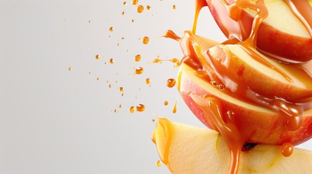  an apple being drizzled with caramel on a white background with drops of caramel on the top of the apple and on the bottom of the apple.