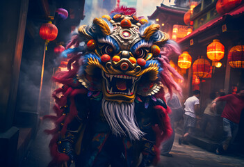 Fototapeta na wymiar Chinese Lion Dance in the street at night. Chinese Lion Dance is one of the famous Chinese new year festivals