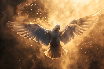 White dove as a symbol of peace flying against the backdrop of fire and explosions.A white dove with wings wide open in the blue sky air with clouds and sunbeams.