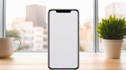 Mockup image of smartphone with blank white screen on wooden table in office