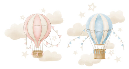 Hot air Balloons. Watercolor illustrations of ballons in pastel blue and pink colors for Baby shower party or kid greeting cards. Vintage transport for childish invitations or poster design.