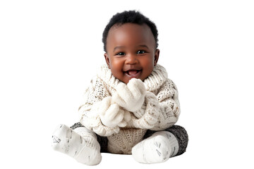 Portrait studio of young adorable African baby with happy smile isolated on transparent background.