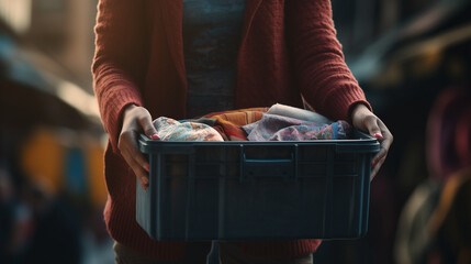 closeup woman holding a plastic box with clothes for poor people, Ai generated image