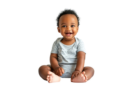 Portrait studio of young adorable African baby with happy smile isolated on transparent background.