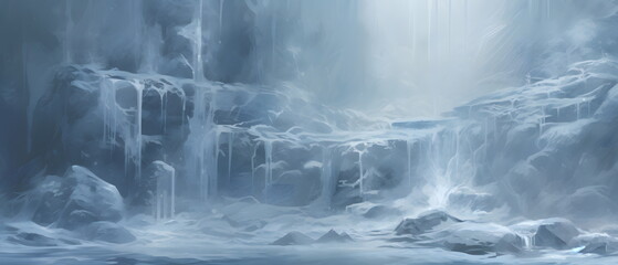 Arctic landscape with frozen waterfall, ice, icicles and snow everywhere
