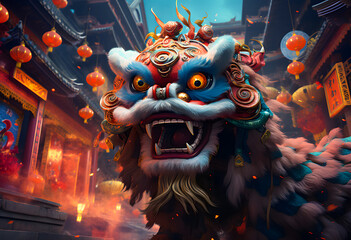 Chinese Lion Dance in the street at night. Chinese Lion Dance is one of the famous Chinese new year festivals - obrazy, fototapety, plakaty