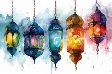 Islamic greeting eid mubarak lantern illustration ramadan kareem beautiful ornament background - obrazy, fototapety, plakaty