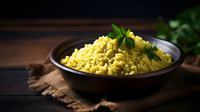 Raw couscous in bowl on dark rustic background