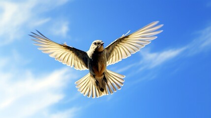 A close-up shot of a sandbird in mid-flight, its wings outstretched against a backdrop of clear blue skies. - Powered by Adobe