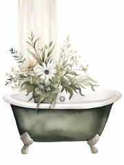 Banheira verde musgo e arranjo de flores isolado no fundo branco - Design simples em aquarela