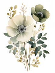Flores e folhas verdes isolado no fundo branco - Design simples em aquarela