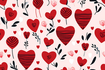 Fototapeta na wymiar Valentine's Day background, in the form of graphic geometric bright elements, with copy space, in bright red color. On a pink background, Seamless pattern.
