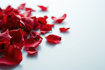 Elegant Red Rose Petals on White Background, Romantic Concept