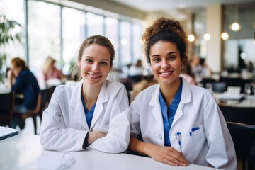 Fototapeta premium Two young female doctors in medical scrubs sitting at the table in the cafeteria smiling and taking some rest during a break