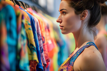 fitness enthusiast surveys a rack of athletic wear, her eyes drawn to the vibrant patterns and...