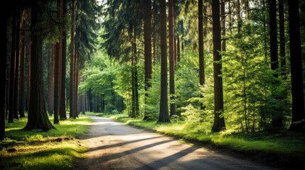 A winding road cuts through a dense forest bathed in sunlight. The scene is peaceful and inviting for a walk or drive.