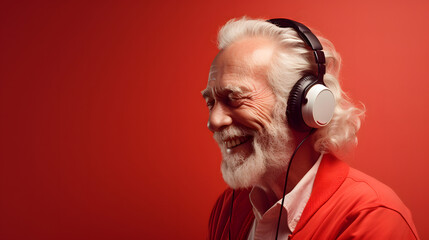 cheerful senior male listening to music with headphones - happy musician or singer - obrazy, fototapety, plakaty