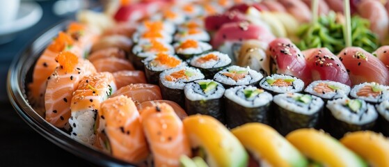 A Colorful Platter Of Assorted Sushi With A Variety Of Ingredients. Сoncept Sushi Rolls, Fresh Seafood, Japanese Cuisine, Artful Presentation, Culinary Delight