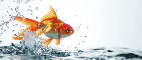Fotobehang A Goldfish Gracefully Defies Gravity, Leaping From Its Watery Abode. Сoncept Acrobatic Goldfish, Gravity-Defying Feats, Watery Leaps, Agile Aquatic Creatures © Ян Заболотний