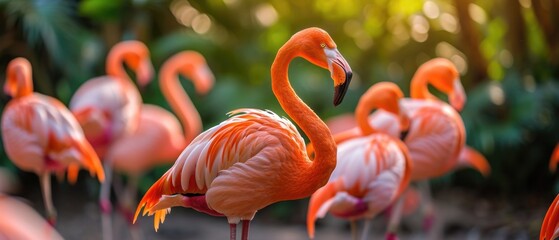 A Group Of Vibrant Flamingos Basking In The Warm Rays Of The Sun. Сoncept Flower-Filled Fields, Majestic Waterfalls, Serene Forests, Golden Sunsets, Lively Cityscapes