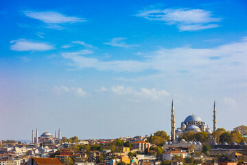 Cityscape of Istanbul with Hagia Sophia or Ayasofya and Suleymaniye Mosques