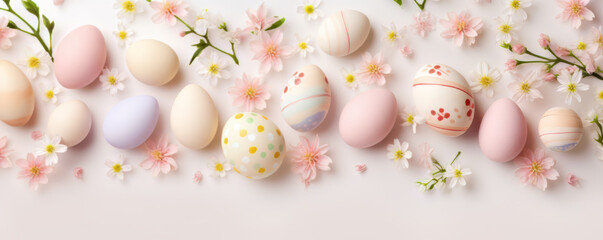 Fototapeta na wymiar Easter eggs and spring flowers, top view