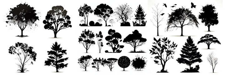 Set of black silhouettes of various trees on transparent background PNG.
