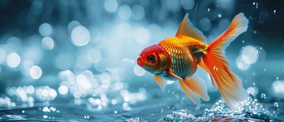 A Vibrant Goldfish Leaps Energetically From The Glistening Surface Of The Water. Сoncept Marine Life, Goldfish, Water Splash, Energetic Movement, Vibrant Colors