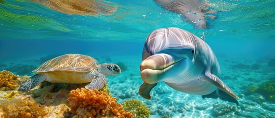 An Enchanting Underwater Scene Featuring A Playful Dolphin And A Serene Turtle. Сoncept Underwater Adventure, Playful Dolphin, Serene Turtle