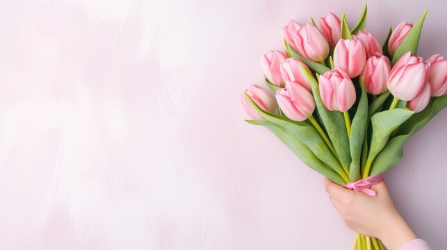 Women's hands holding a bouquet of pink tulips for congratulations on Mother's Day, Valentine's Day, women's Day. Blurred background.