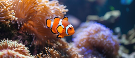 Fototapeta na wymiar Bright Orange And White Striped Ocellaris Clownfish Swimming Amidst Coral Reef. Сoncept Marine Life Photography, Coral Reef Ecosystem, Colorful Clownfish, Underwater World, Ocellaris Clownfish