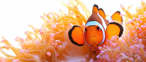 Bright Orange Clownfish Swimming Amidst Anemone, Isolated Against A Crisp White Backdrop - obrazy, fototapety, plakaty