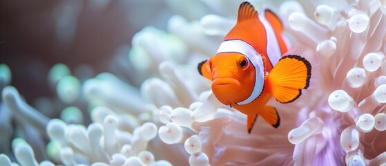 Bright Orange Clownfish Swimming Amidst Anemone, Isolated Against A Crisp White Backdrop. Сoncept Underwater Adventure, Colorful Marine Life, Clownfish And Anemone, Vibrant Aquatic Photography - obrazy, fototapety, plakaty