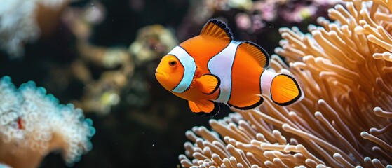 Fototapeta na wymiar Bright Orange And White Striped Ocellaris Clownfish Swimming Amidst Coral Reef. Сoncept Marine Life, Clownfish, Coral Reef, Underwater Photography
