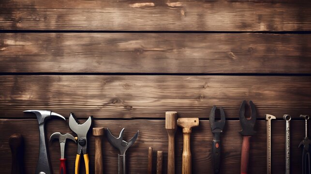 Working tools on wooden rustic background, top view