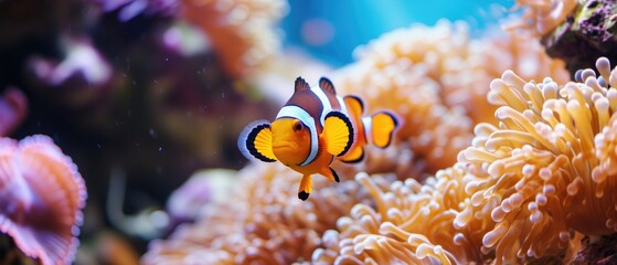 Fototapeta na wymiar Closeup Of Vibrant Clownfish Swimming In A Coral Reef Ecosystem. Сoncept Underwater Macro Photography, Marine Biodiversity, Coral Reef Ecosystem, Clownfish Behavior