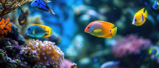 Naklejka na ściany i meble Colorful Fish Swimming In A Vibrant Tropical Freshwater Aquarium. Сoncept Exotic Aquatic Life, Tropical Fish Species, Colorful Aquarium, Underwater Delights, Vibrant Freshwater Habitat