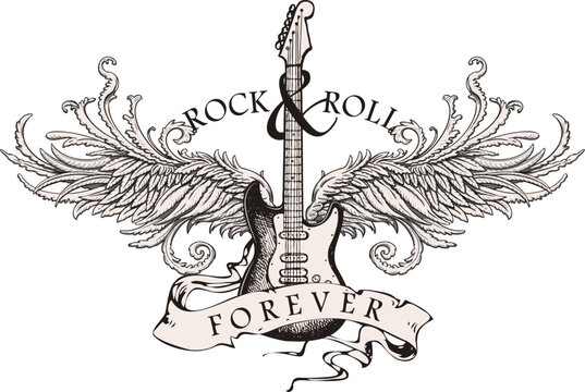  guitar with wings and the inscription rock and roll