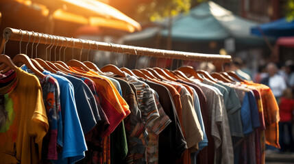 Clothes on a rail at street market , Ai generated image - obrazy, fototapety, plakaty