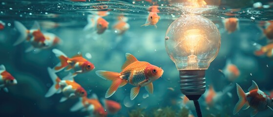 Goldfish Swim Around A Glowing Lightbulb, Creating A Mesmerizing Underwater Spectacle. Сoncept Underwater Lightbulb, Mesmerizing Goldfish, Spectacular Swim, Glowing Aquatic Display