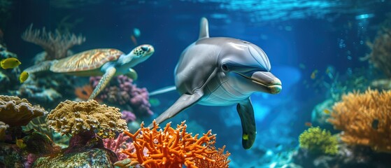 Naklejka na ściany i meble Marine Life Thrives As A Dolphin And A Turtle Swim Among Colorful Reefs. Сoncept Underwater Photography, Marine Wildlife, Dolphin Encounters, Turtle Habitats, Colorful Coral Reefs