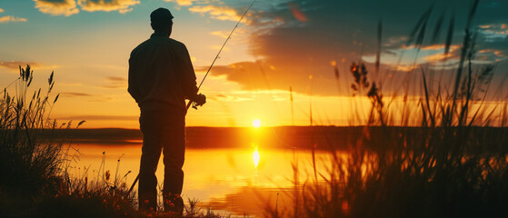 Man Peacefully Fishing As The Sun Sets, Basking In His Hobby. Сoncept Sunset Fishing, Tranquil Hobbies, Serene Nature, Leisurely Pursuits - obrazy, fototapety, plakaty