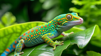 Colorful Gecko on a Green Leaf