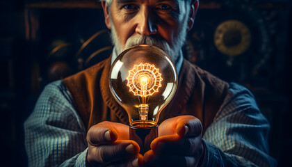Concept of new idea. Businessman holding a glowing light bulb in his hand