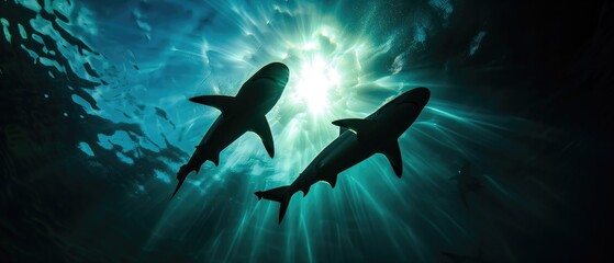 Fototapeta premium Sharks Swimming In The Ocean Depths, Silhouetted Against A Vibrant Light. Сoncept Surfing On Big Waves, Aerial Drone Photography, Majestic Sunset Landscapes, Adventure Travel Destinations