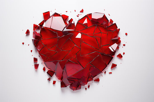 Generative AI Image Of Red Smashed Glass Heart On White Background Illustrating LOve And Relationship Problems